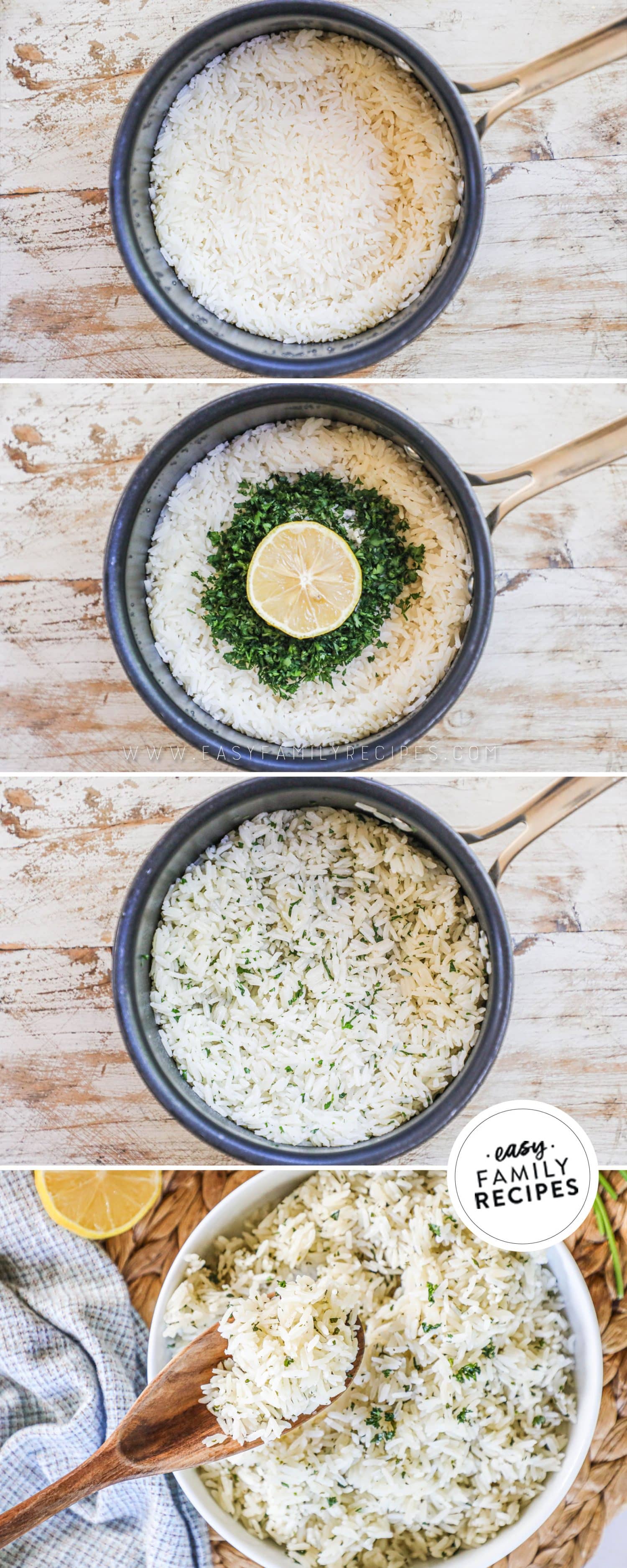 how to make lemon rice 1) cook rice, 2) add fresh herbs and lemon, 3)mix, 4) serve.