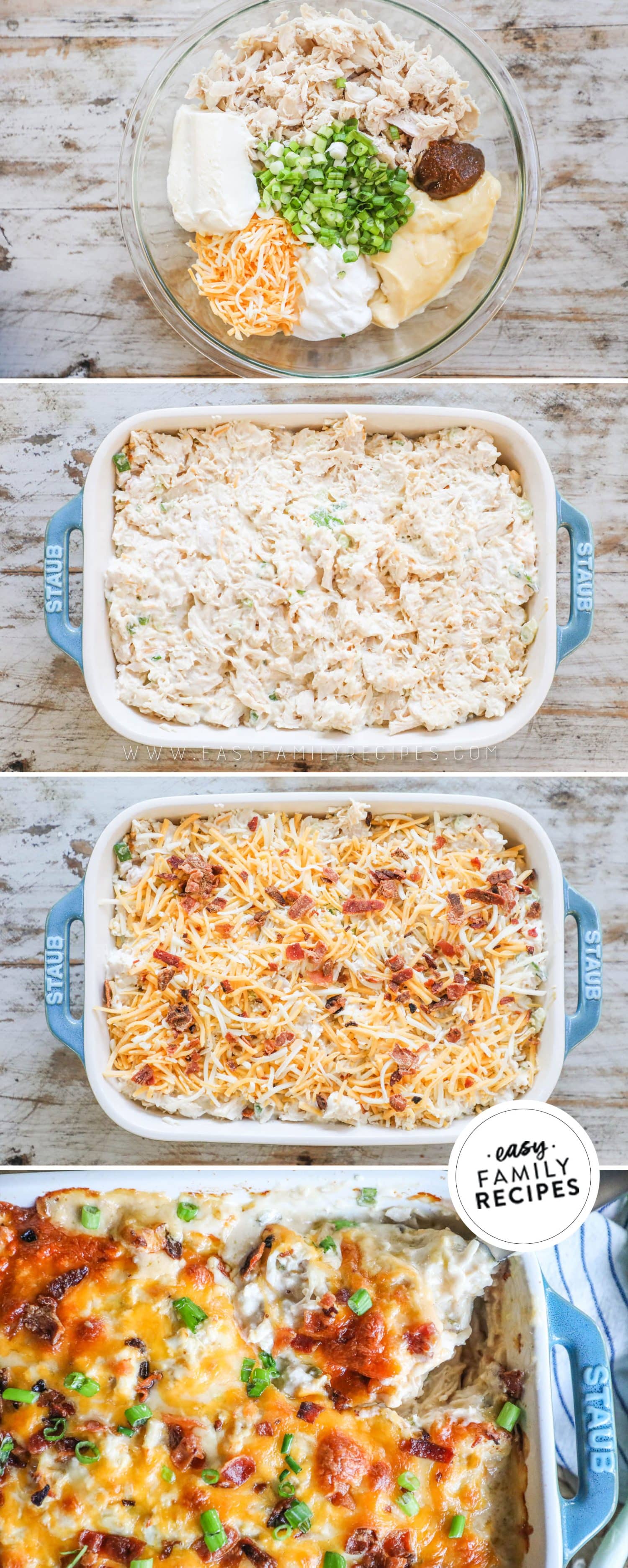 4 image vertical collage making and serving recipe: 1- filling ingredients in bowl before mixed, 2- filling added to casserole dish after mixed, 3- casserole topped with shredded cheese and bacon, 4- serving spoon scooping up some of the baked casserole.