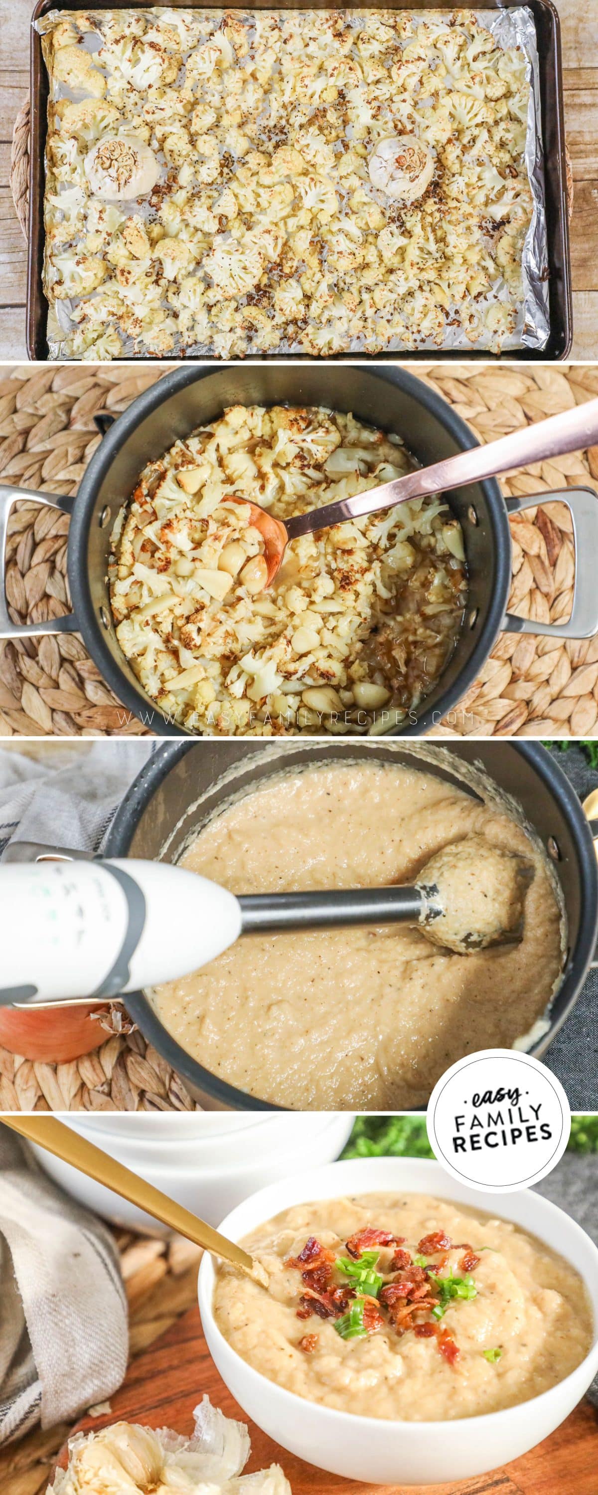 how to make roasted garlic cauliflower soup 1)roast garlic, 2) simmer soup ingredients, 3) blend the soup, and 4) serve.