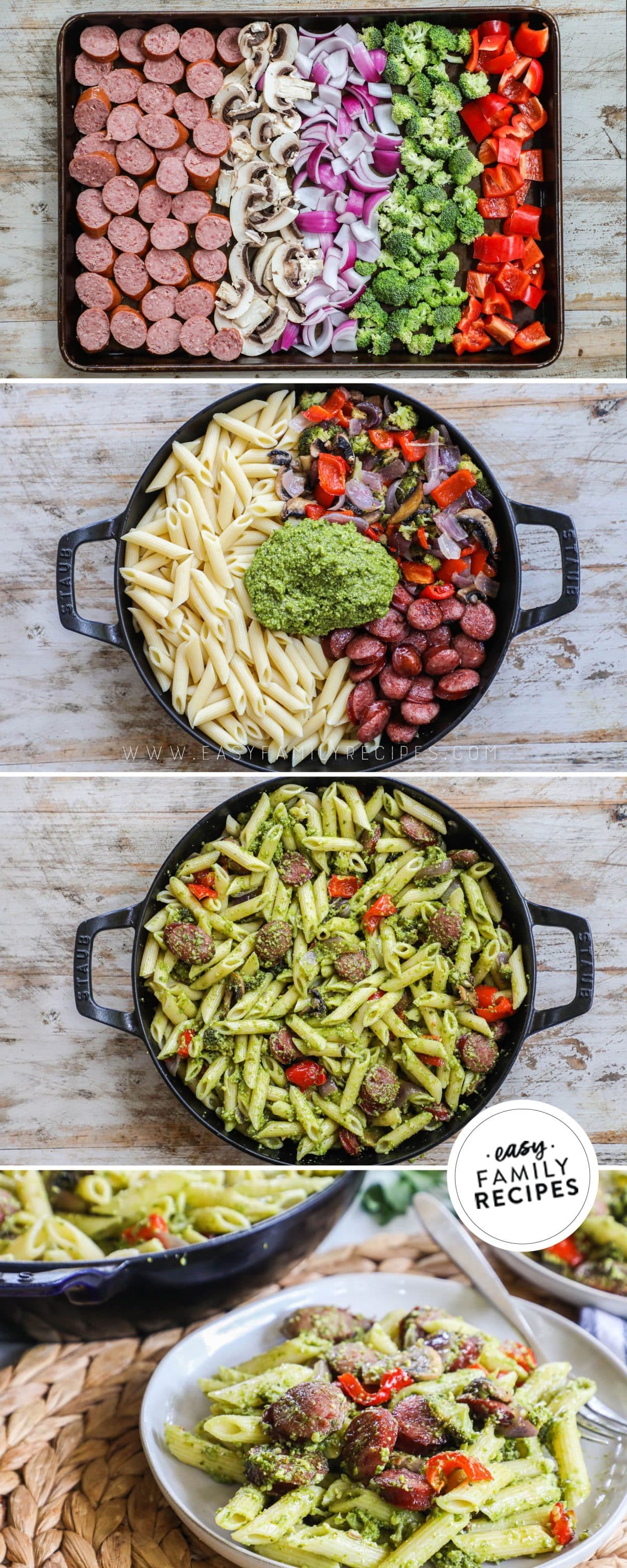 Step to make pesto pasta step 1 roast the meat and veggies step 2 put the meat, veggies, cooked pasta, and pesto into a skillet step 3 mix all together step 4 enjoy!