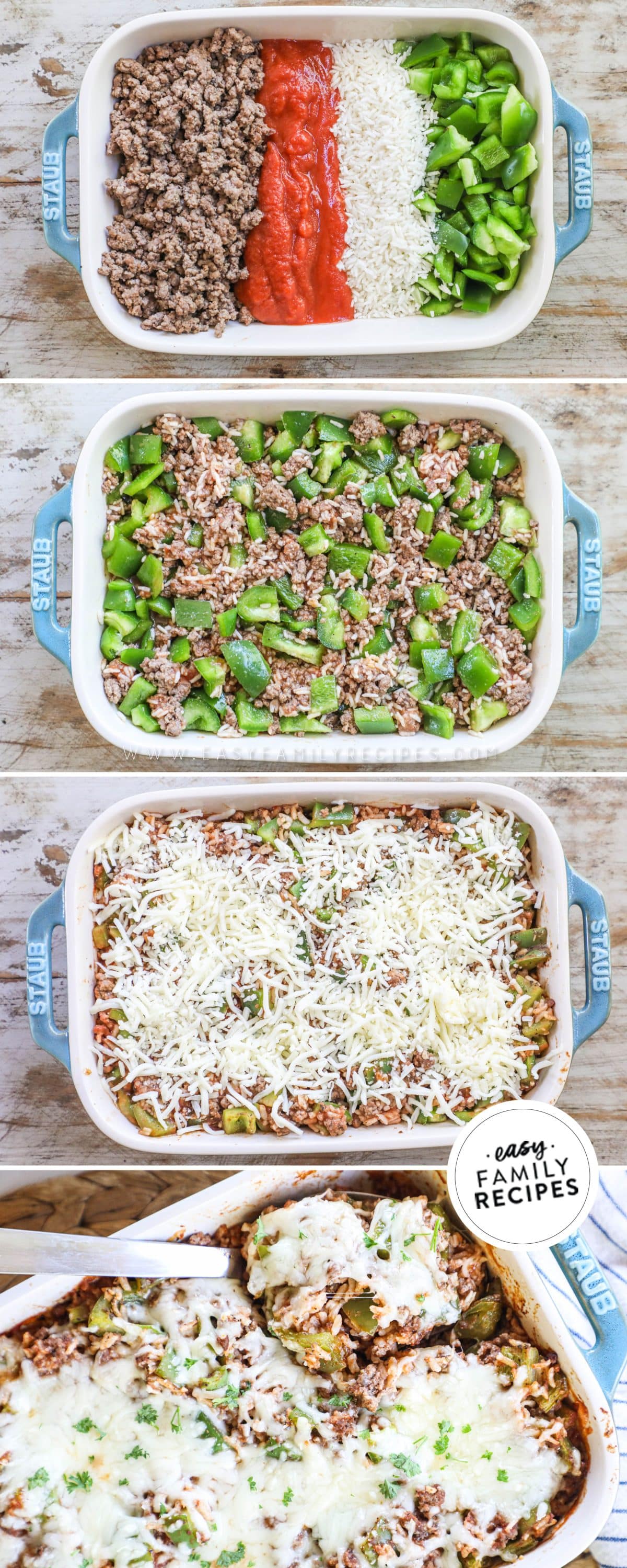 2 image collage of Stuffed Pepper Casserole showing a dish of ingredients before mixed and then casserole after baked with a melty cheesy top.