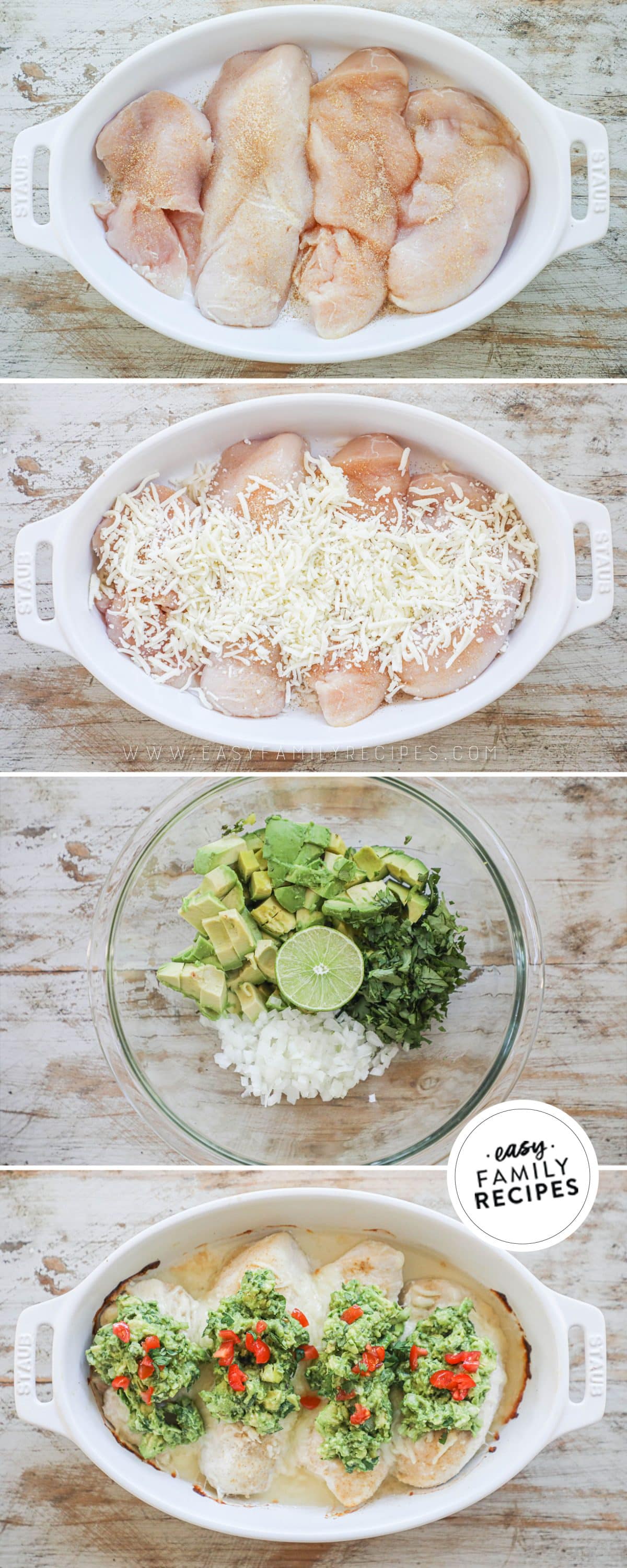 Steps make guacamole chicken step 1 lay chicken in pan step 2 top with cheese and bake step 3 make the guacamole step 4 top the baked chicken with guacamole and enjoy!