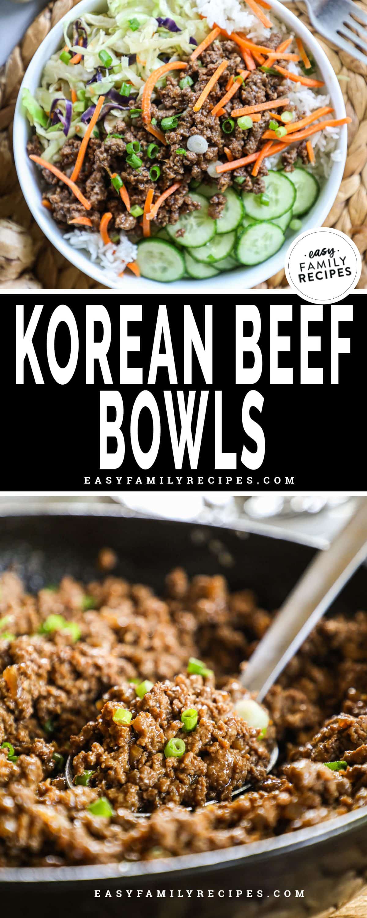 Completed korean beef bowl with rice, cucumbers, beef, and carrots and another image with korean beef being cooked in a skillet.