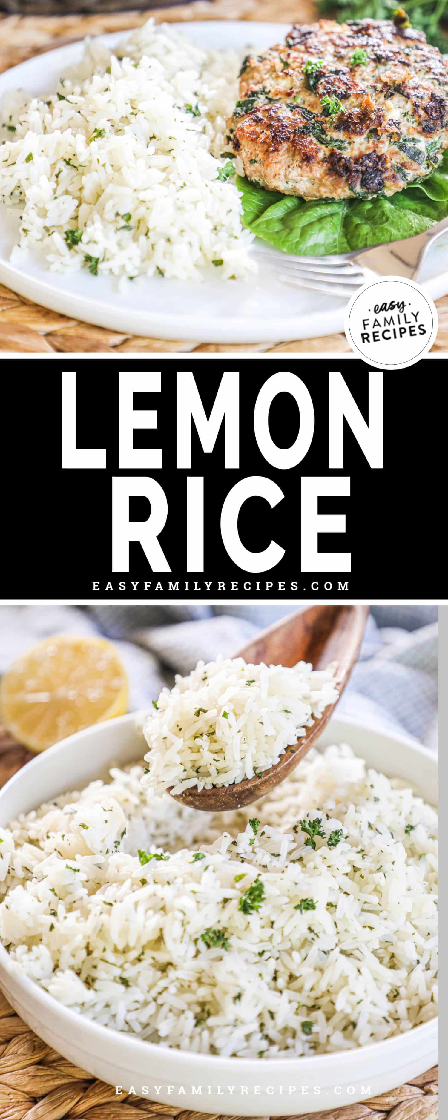 lemon herb rice on a white plate with grilled chicken and a white bowl filled with lemon rice.