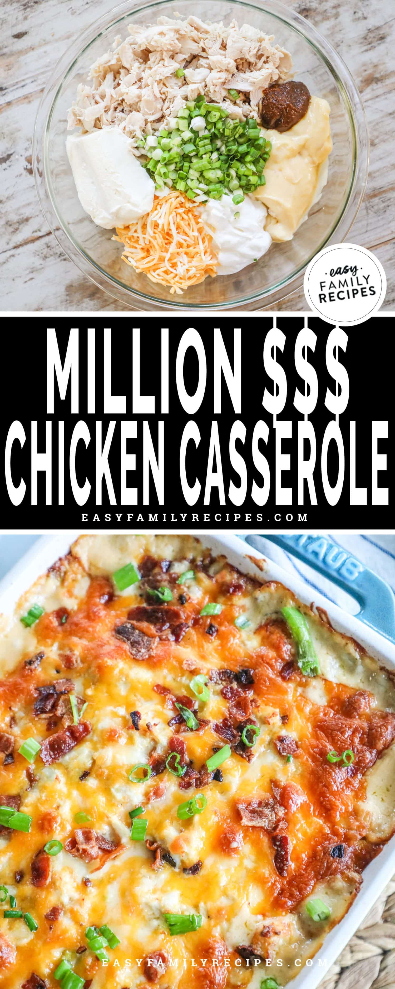 2 image collage of Million Dollar Chicken Casserole showing a bowl of ingredients before mixed and then casserole after baked with a melty cheesy top.