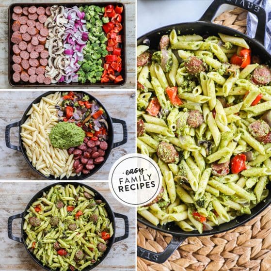 Step to make pesto pasta step 1 roast the meat and veggies step 2 put the meat, veggies, cooked pasta, and pesto into a skillet step 3 mix all together step 4 enjoy!
