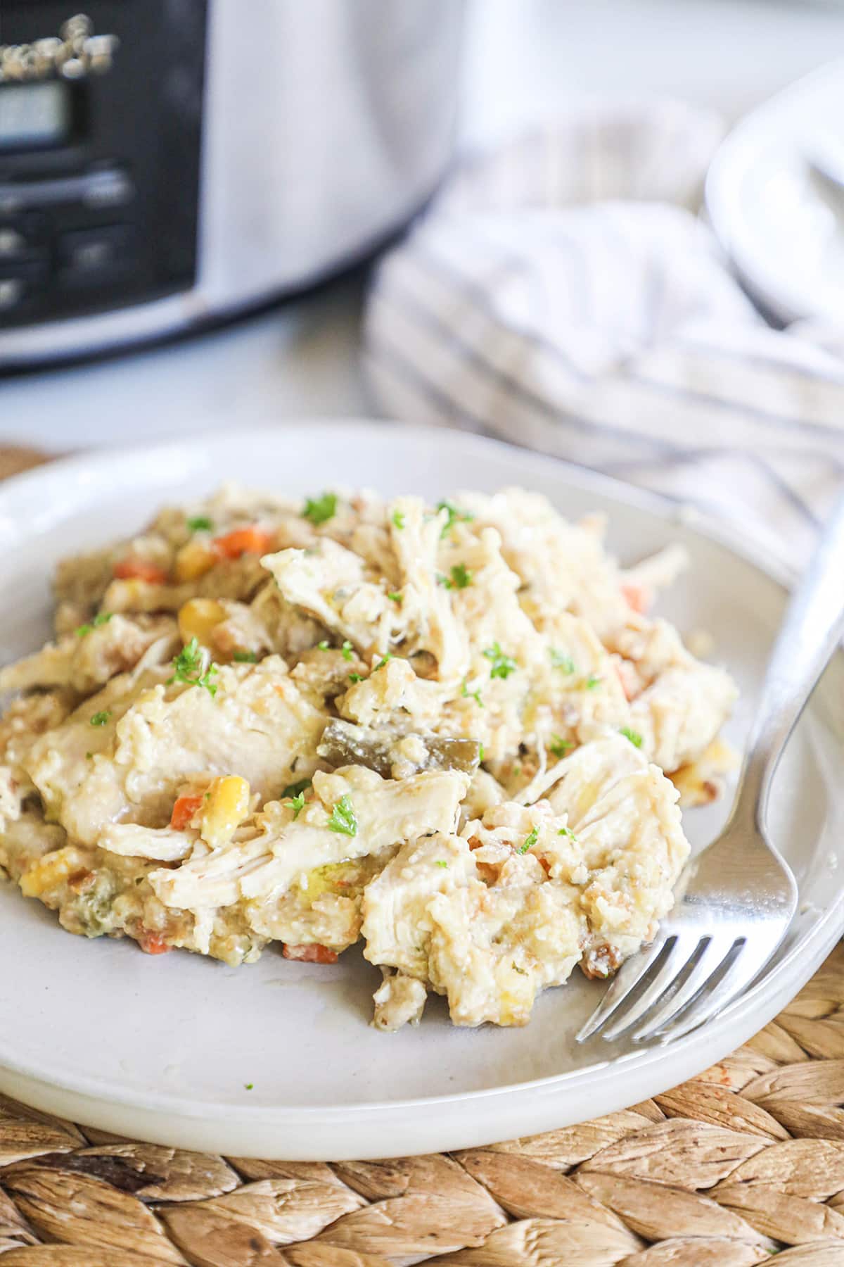 Chicken and stuffing plated on a white dish