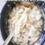 Chicken and stuffing in a slow cooker after it has cooked for 3-4 hours.