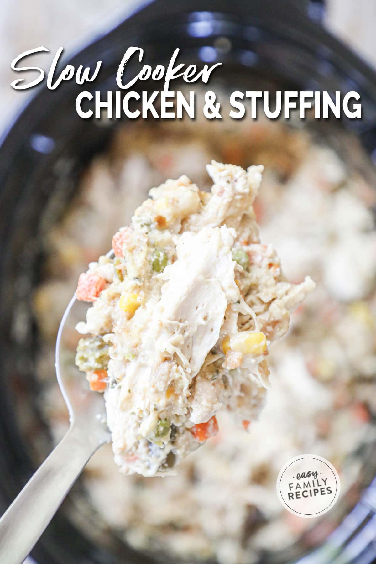 2 image collage of slow cooker chicken and stuffing recipe showing a dish of ingredients before mixed and then the shredded chicken and stuffing mixture after it has cooked for 3-4 hours. 