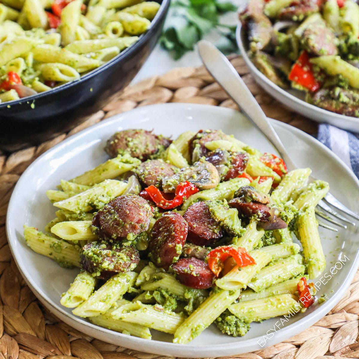 Smoked Sausage Pesto Penne with Roasted Vegetables