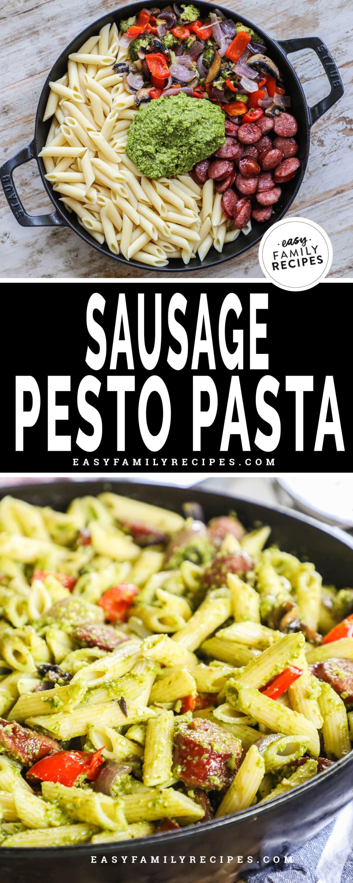 Pesto pasta mixed together in a cast iron skillet and another image with the pasta, meat, veggies, and pesto separate in a skillet before mixing.