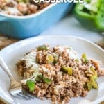 Plate full of ground beef stuffed pepper casserole.