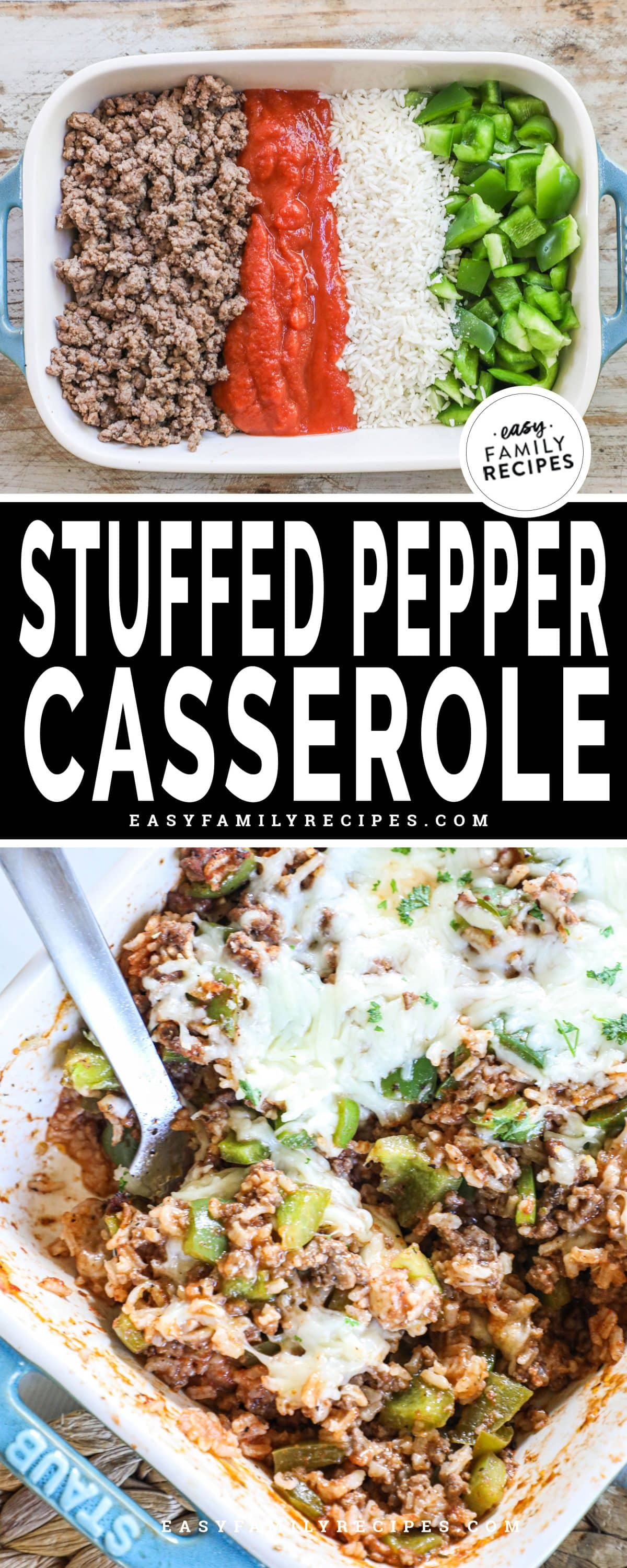 2 image collage of Stuffed Pepper Casserole showing a dish of ingredients before mixed and then casserole after baked with a melty cheesy top.
