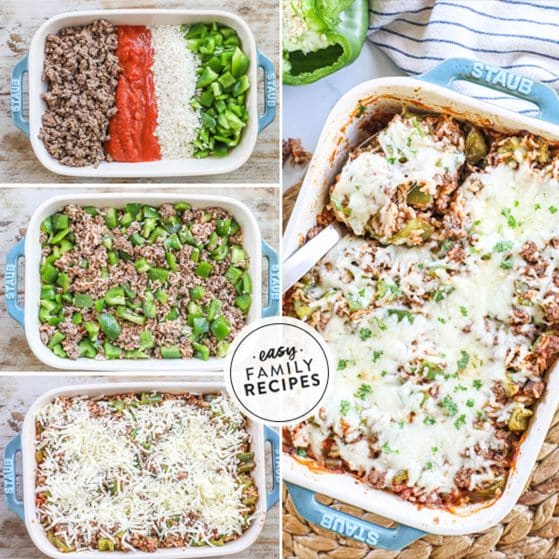 2 image collage of Stuffed Pepper Casserole showing a dish of ingredients before mixed and then casserole after baked with a melty cheesy top.