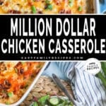 Two images of Million Dollar Chicken Casserole - top is a spoon in the baking dish of Million Dollar Chicken Casserole. Bottom is a plate with a side salad and a serving of million dollar chicken casserole