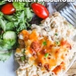 Million Dollar Chicken Casserole scooped on a plate with a side salad