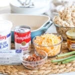 Ingredients for recipe before prepped: tub of sour cream, can of cream of chicken soup, block of cream cheese, crumbled bacon, shredded cheese, cooked chicken, chicken base, and green onions.