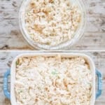 4 image collage making and serving recipe: 1- filling ingredient in bowl before mixed, 2- filling added to casserole dish after mixed, 3- casserole topped with shredded cheese and bacon, 4- bake uncovered