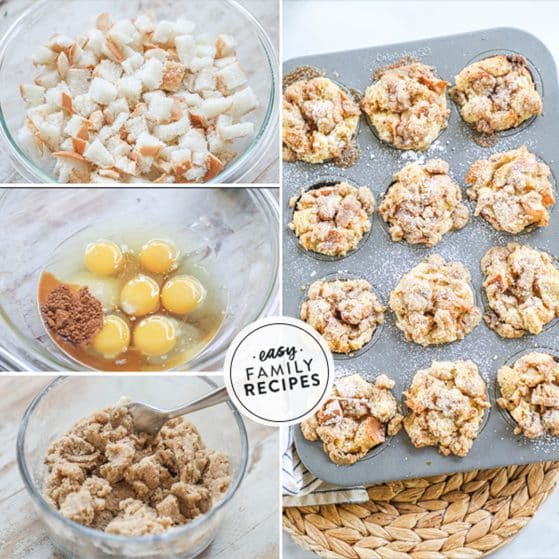 Steps to make french toast muffins step 1 tear bread up step 2 mix eggs, milk, sugar, and spices and add to bread mixture step 3 mix the streusel topping step 4 put the bread mixture in the muffin an, top each with streusel topping, and bake.