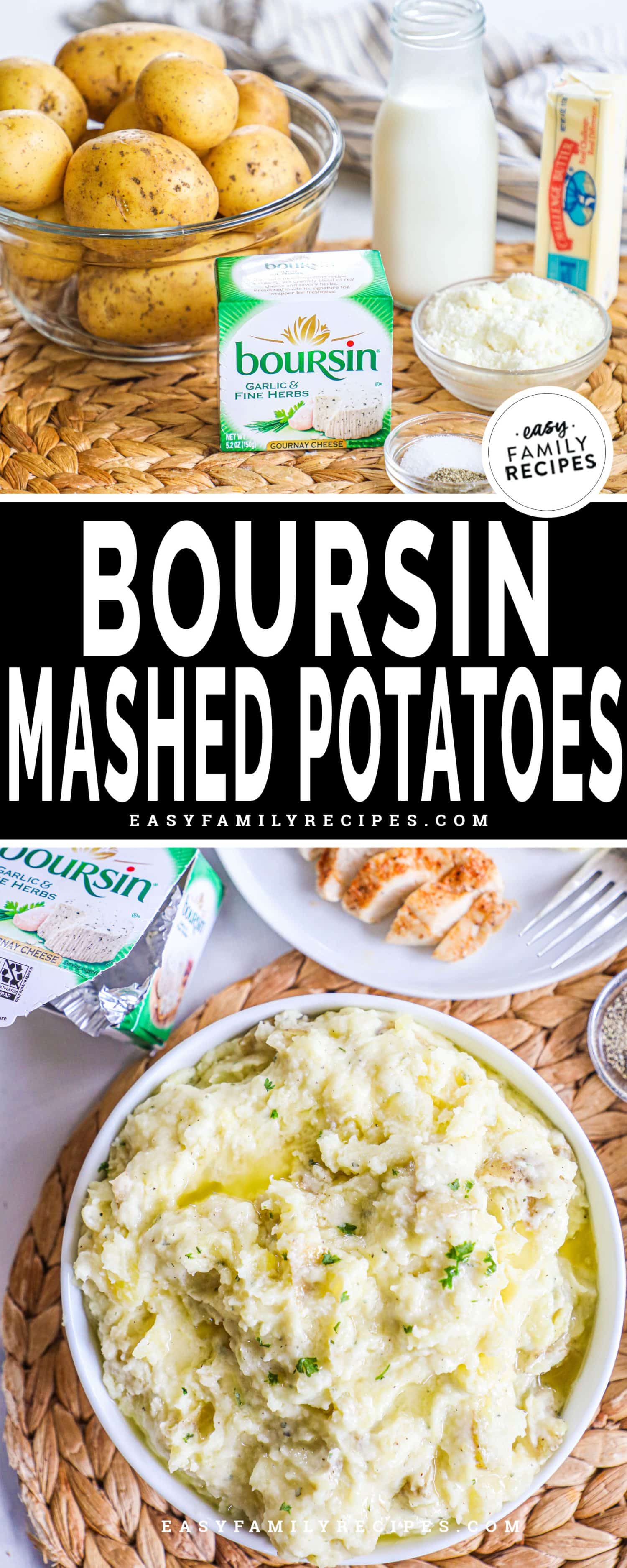 ingredients for boursin mashed potatoes and an overhead shot of a bowl of mashed potatoes.