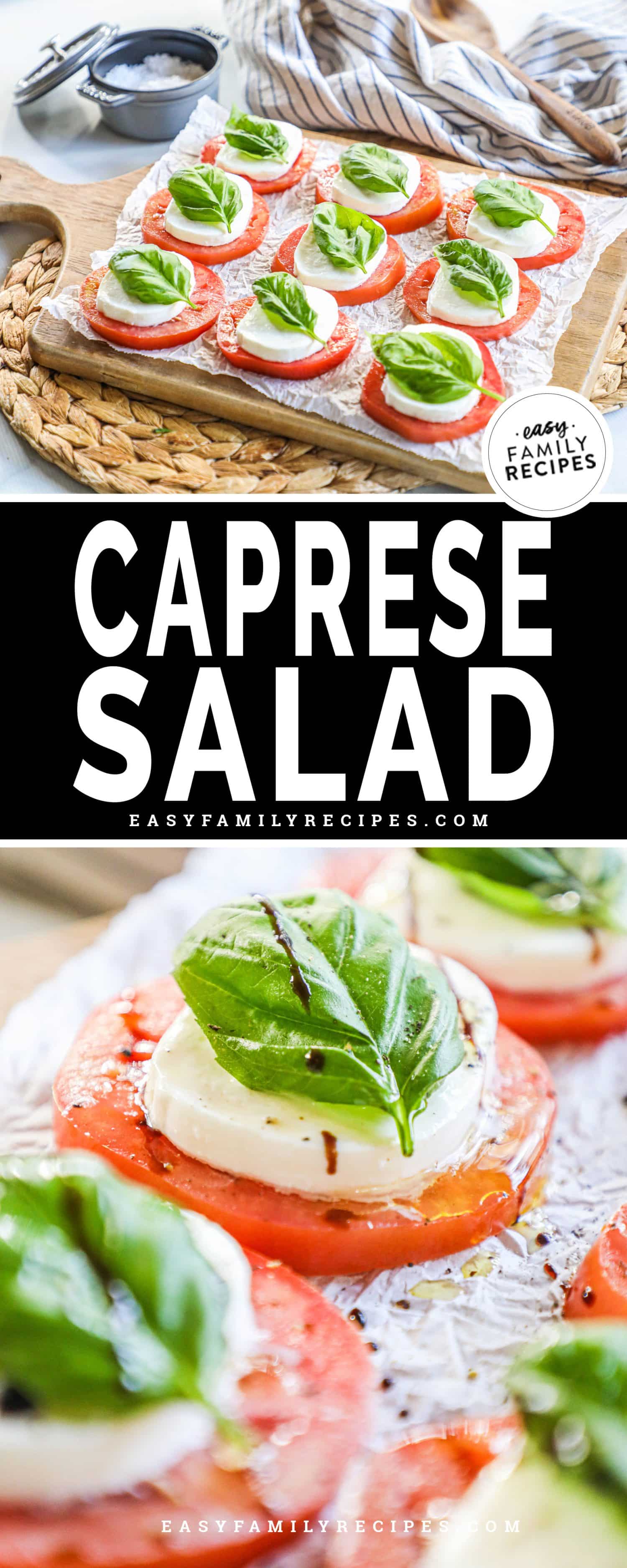2 image collage of Caprese salad displayed on a cutting board with parchment paper and a close up of one serving of sliced tomatoes, mozzarella, and basil stacked up.