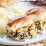 Easy Cheeseburger Sliders on a plate served with chips