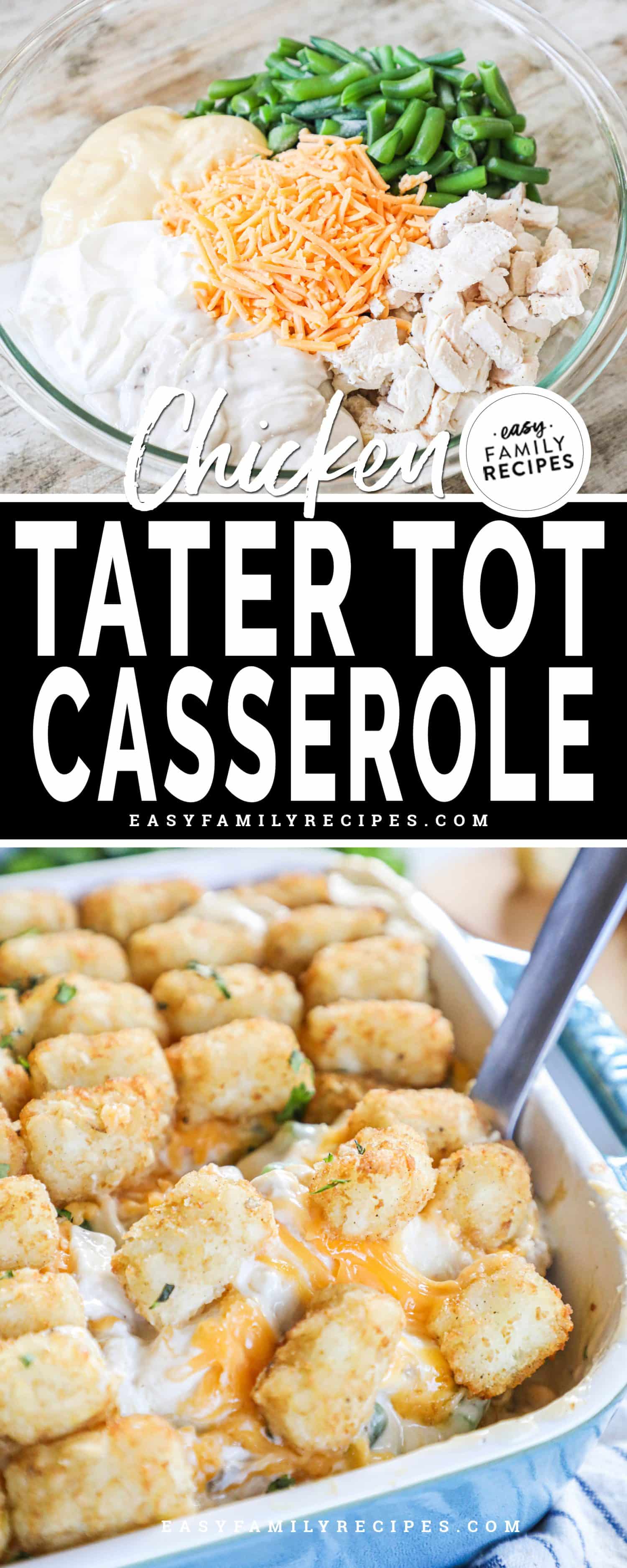 two image collage of chicken filling ingredients in a bowl and a finished tater tot casserole in a baking dish.