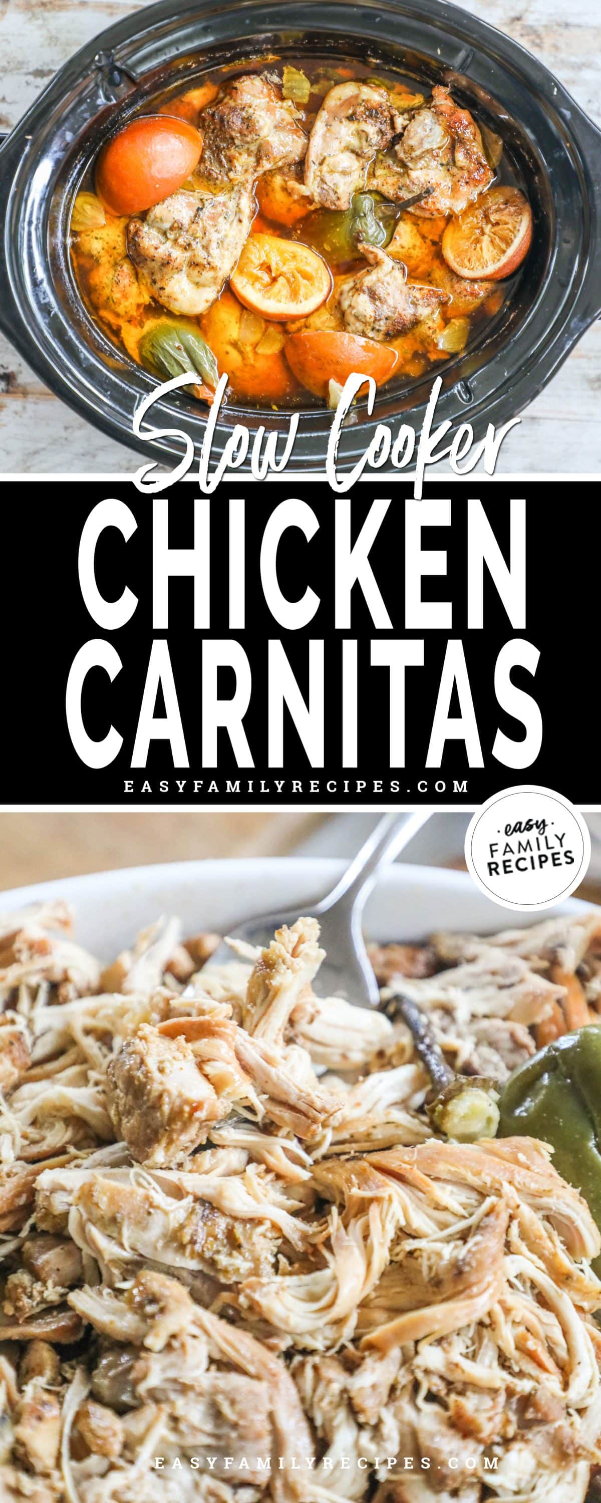 a slow cooker filled with chicken carnitas ingredients and a platter piled with finished chicken carnitas