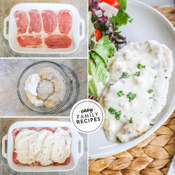 4 image collage making recipe: 1- pork chops in large baking dish, 2- cream of mushroom soup, sour cream and Italian seasoning inva bowl before mixed, 3- sour cream and mushroom soup mixture spread over pork chops, 4- baked pork chop being lifted from baking dish with a spatula.