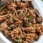 French Onion Pot Roast Recipe prepared and placed in a serving dish.