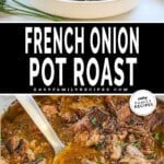 Crockpot French Onion Pot Roast recipe cooked and ready to serve.