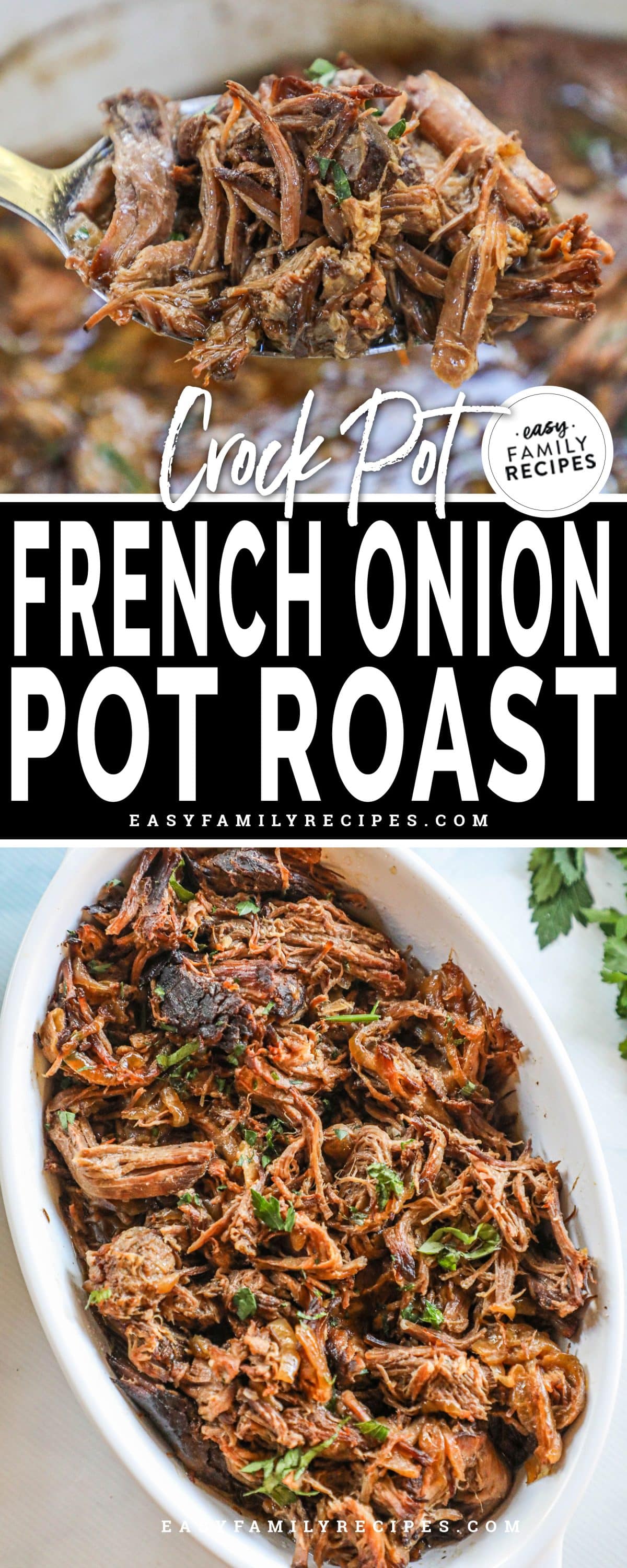french onion pot roast shredded in a large serving bowl and scooped onto a serving spoon.