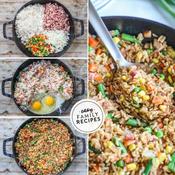how to make ham fried rice 1)add veggies, rice, ham, and onion to a pot, 2)mix and add egg, 3)fry and combine, 4)serve!