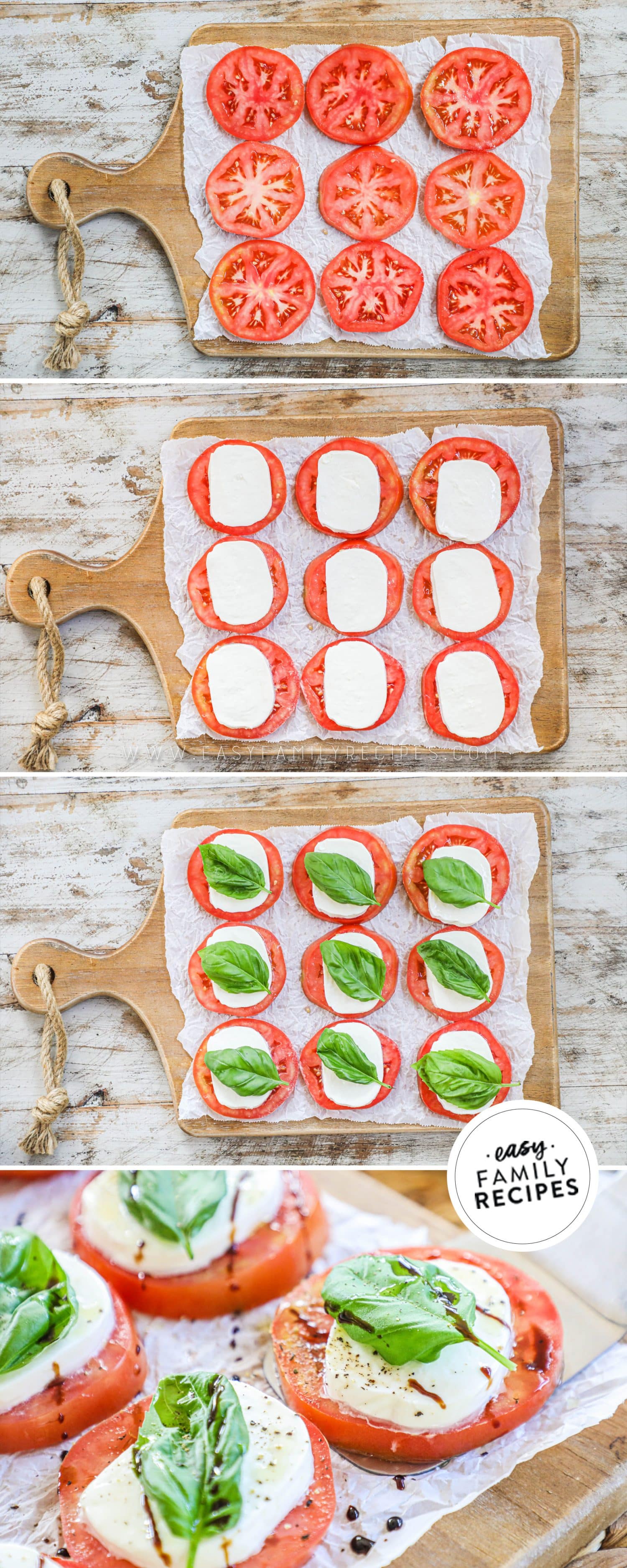 4 image collage preparing recipe by laying each ingredient starting with sliced tomatoes on a cutting board, followed by slices of mozzarella, a basil leaf, and finished with a drizzle of balsamic glaze, salt and pepper.