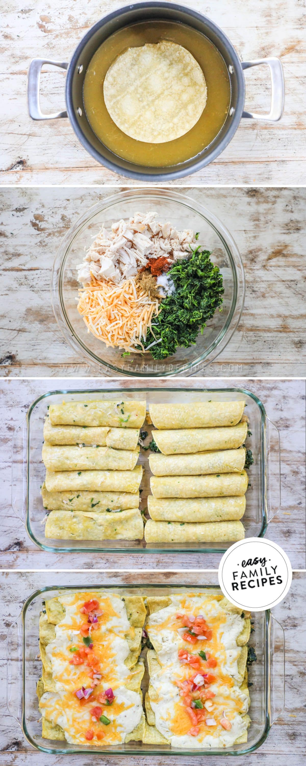 Steps to make chicken spinach enchiladas step 1 soften the tortillas, step 2 mix the filling and the sauce step 3 roll the enchiladas and place in the pan topped with sauce step 4 bake and enjoy.