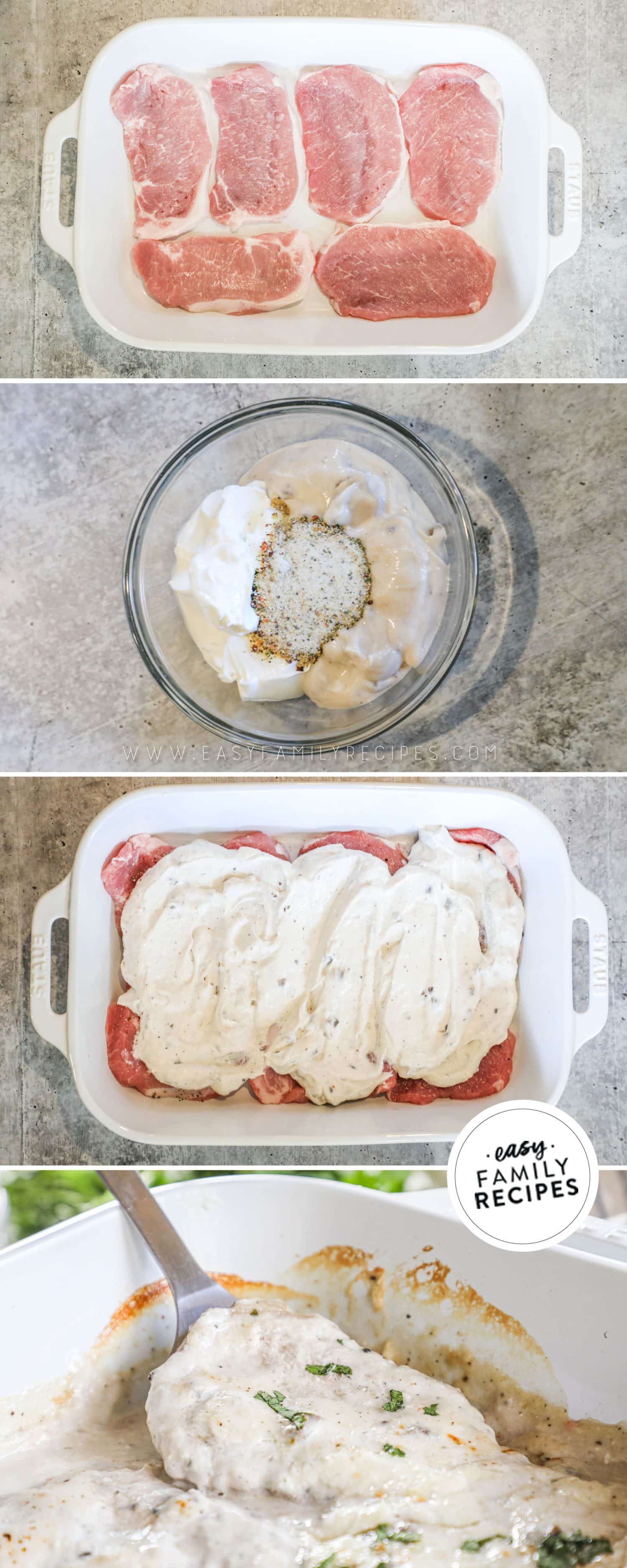 4 image collage making recipe: 1- pork chops in a single layer in a large baking dish, 2- cream soup, sour cream and seasoning ina bowl before mixed, 3- soup mixture over pork chops, 4- baked pork chop being lifted from baking dish with a spatula.