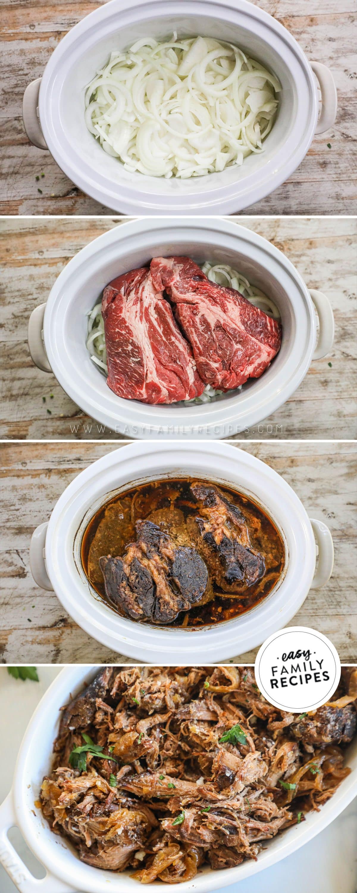 How to make French onion pot roast 1)add sliced onions 2)add seasoned beef 3)cook 4)shred and serve.