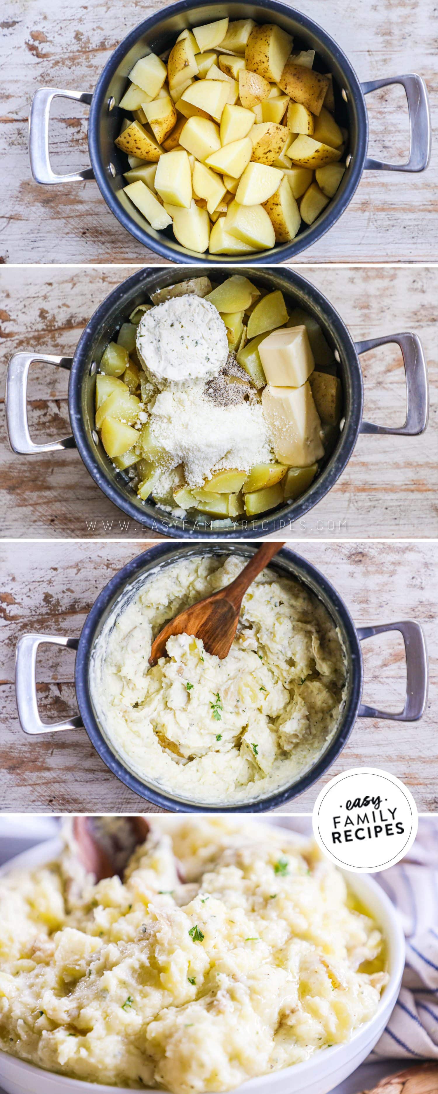 how to make boursin mashed potatoes 1) add cooked potatoes to a pot, 2)add in cheese, butter, salt, and pepper, 3) mash and mix, 4) serve!