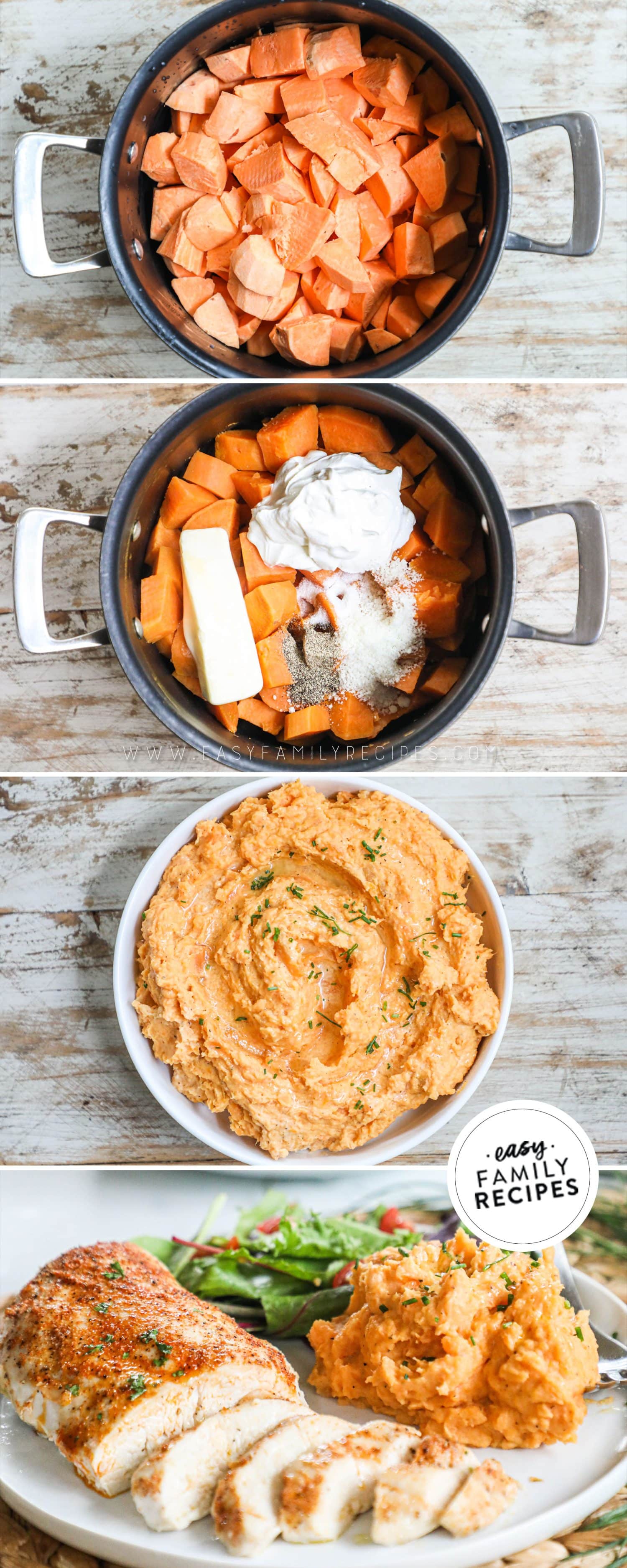 how to make savory mashed sweet potatoes 1)boil the potatoes, 2)add butter, sour cream, parmesan, and seasonings, 3)mash, 4)serve!