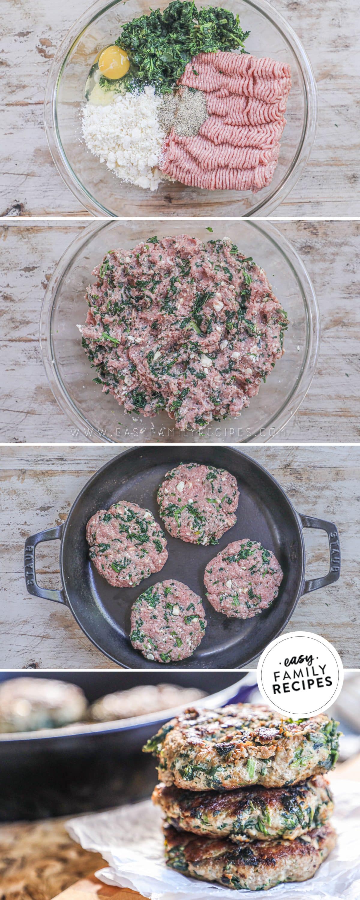 how to cook turkey burgers with feta and spinach 1)add ingredients to a bowl 2)mix well 3)form and cook 4)serve.