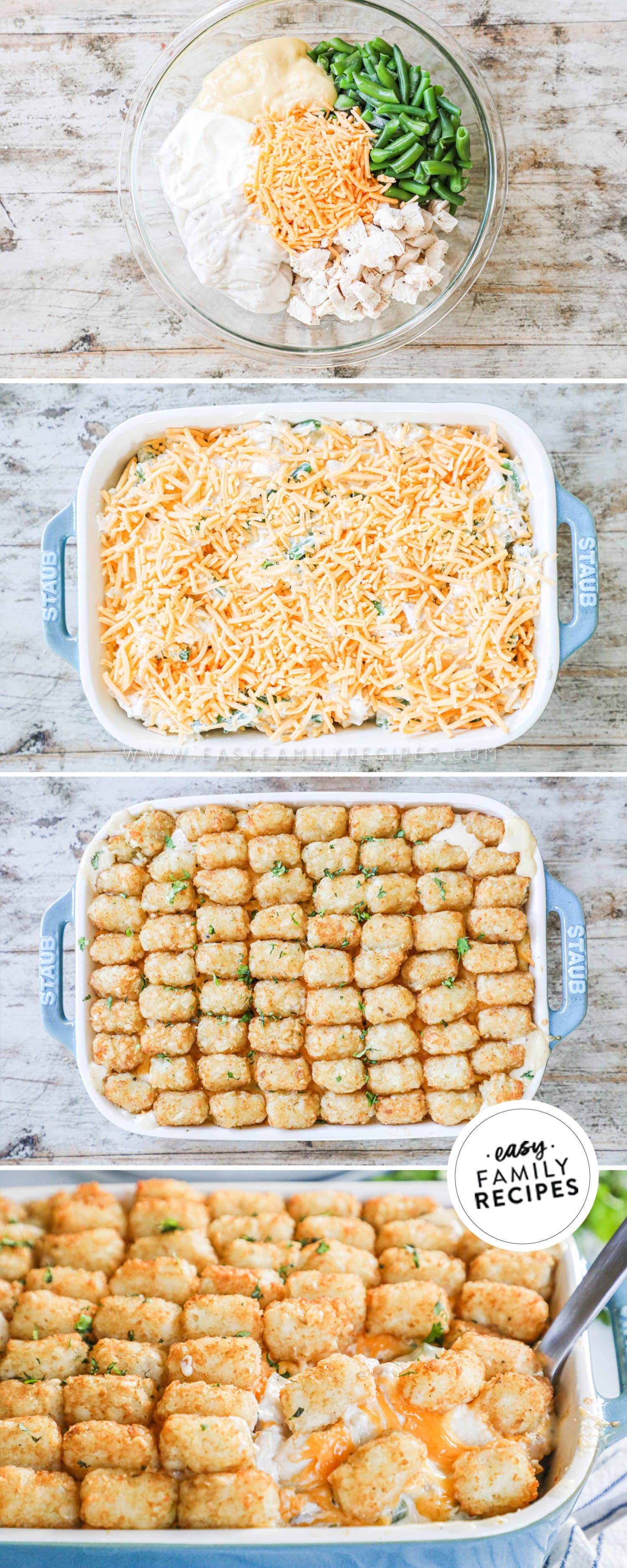 4 image collage making tater tot casserole: 1)make the filling, 2)layer the casserole, 3)top with tater tots, 4)bake and serve!