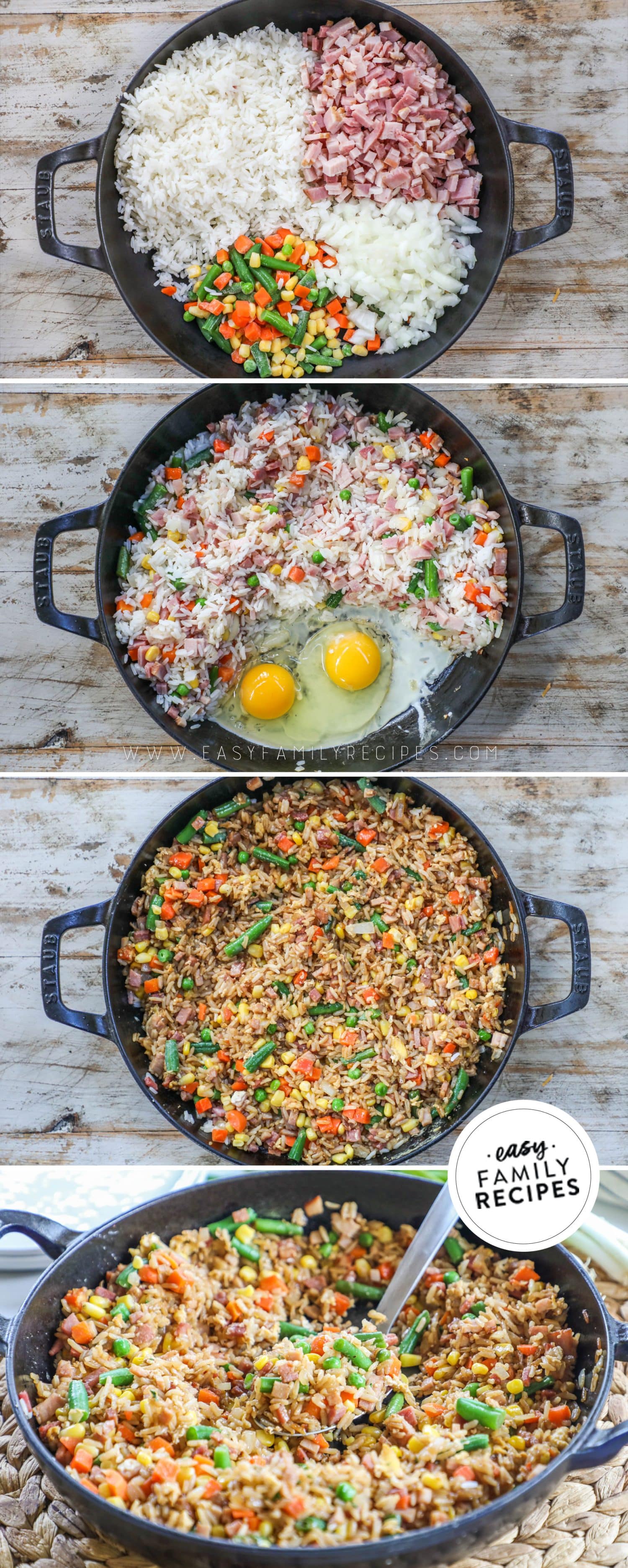 how to make ham fried rice 1)add veggies, rice, ham, and onion to a pot, 2)mix and add egg, 3)fry and combine, 4)serve!