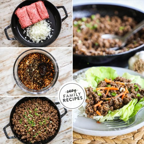 4 image square collage showing the steps to make the recipe by first cooking the beef and onions together, showing the rich Korean sauce, the beef mixture after combined with the sauce, and then serving it in a lettuce cup.