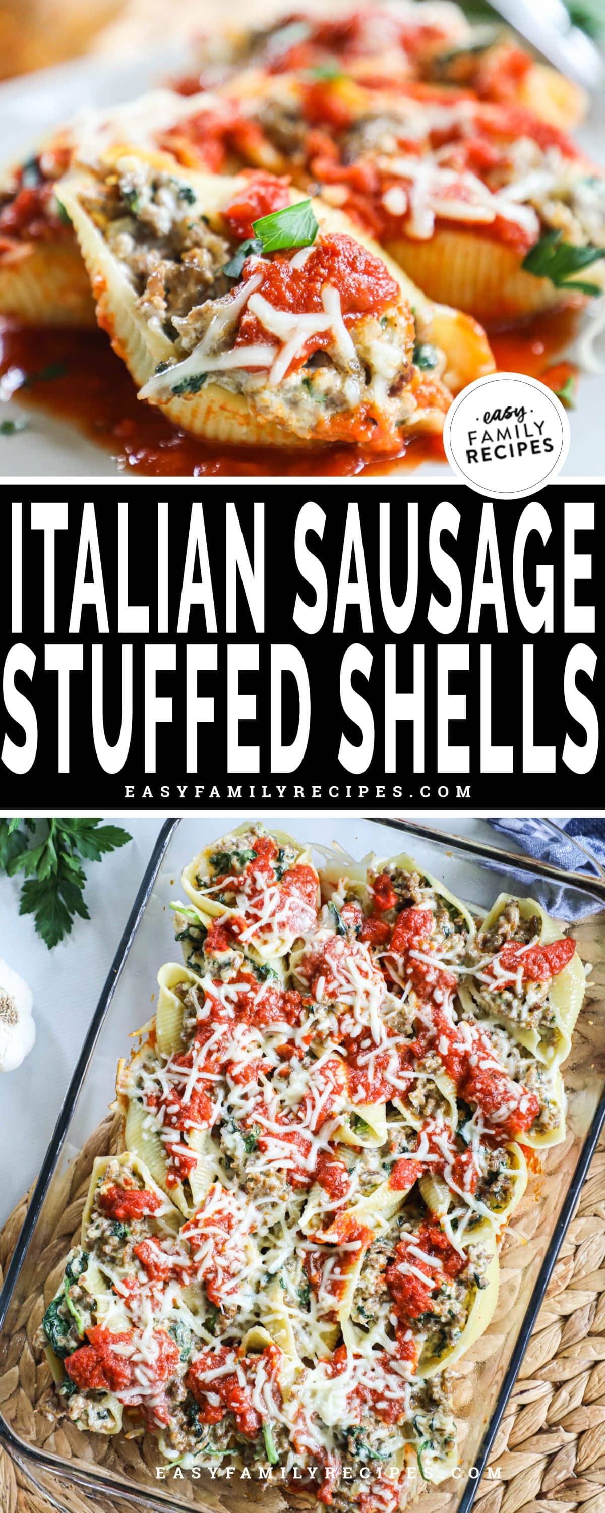 Pasta shells stuffed with sausage and spinach and baked with marinara and mozzarella in a pan.