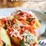 pasta shells stuffed with meat and topped with marinara and mozzarella cheese.