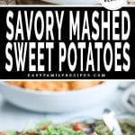 a bowl of savory mashed sweet potatoes and a plate with sweet potatoes, sliced chicken, and a side salad.