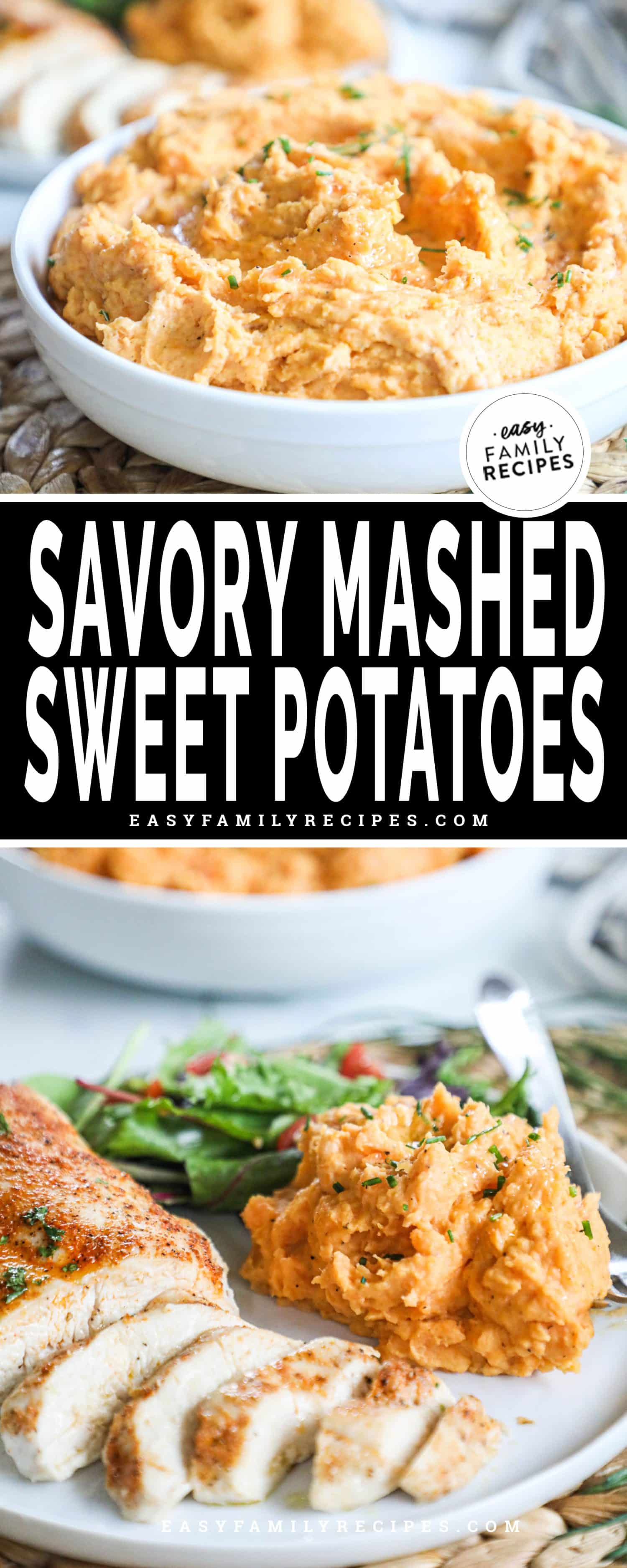 a bowl of savory mashed sweet potatoes and a plate with sweet potatoes, sliced chicken, and a side salad.
