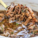 French Onion Pot Roast prepared in a crockpot.