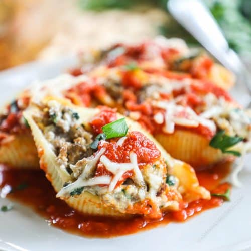 pasta shells stuffed with meat and topped with marinara and mozzarella cheese.