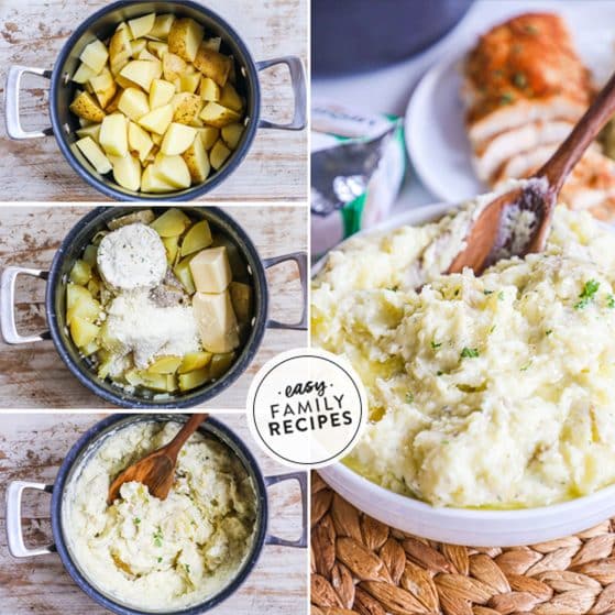 how to make boursin mashed potatoes 1) add cooked potatoes to a pot, 2)add in cheese, butter, salt, and pepper, 3) mash and mix, 4) serve!